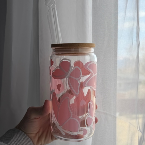 Other - Pink Butterfly Glass Jar with Bamboo Lid